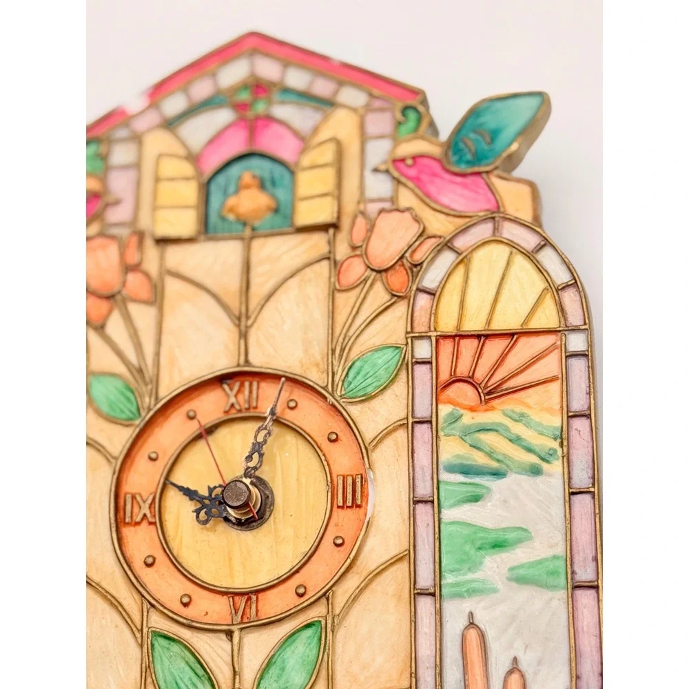 Vintage Style Faux Stained Glass Bird Cuckoo Wall Clock Nature Theme Untested